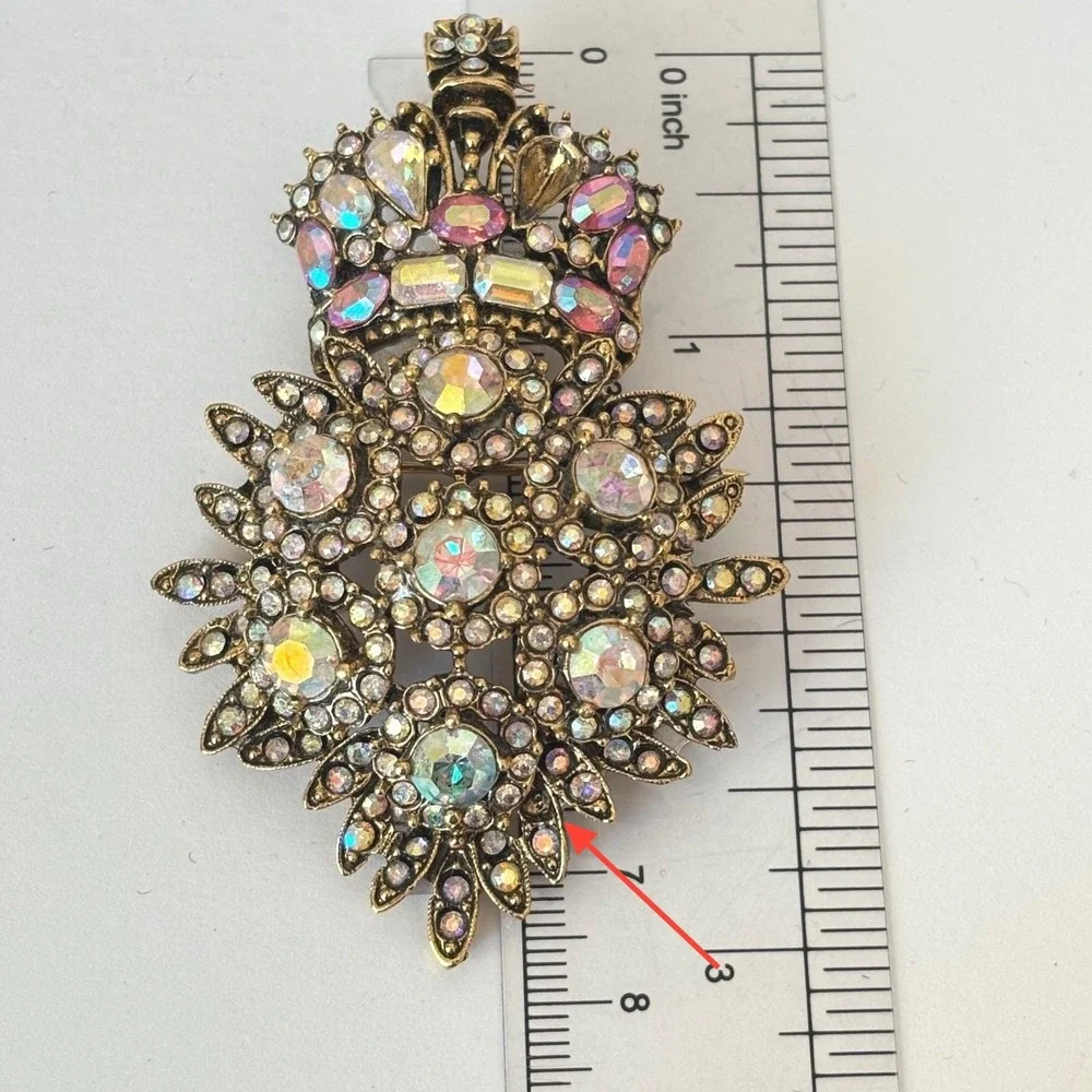 Vtg R Serbin Brooch Crown Royal Crest Gold Tone Rhinestone Aurora Borealis *Read